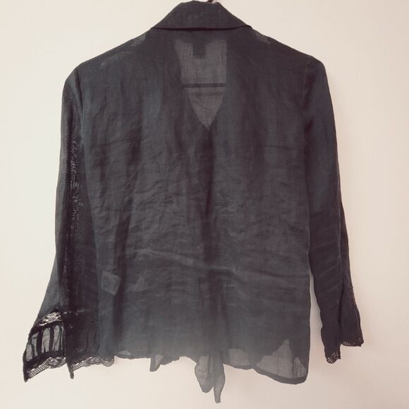 DKNY Black Ruffled Lace Inserts Buttons Down Women Blouse Size 4 - Picture 6 of 9